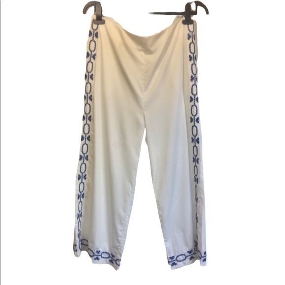 Anthropologie Foxiedox Spellgirl White & Blue Embroidered Culottes Cropped Pant - Picture 2 of 10